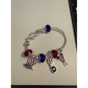 Patriotic USA Charm Bracelet Red White Blue 4th of July‎ Uncle Sam Firecracker